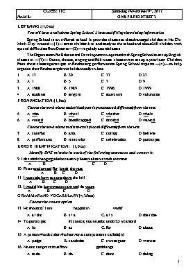 Đề kiểm tra 45 phút số 2 học kỳ I môn Tiếng Anh Lớp 11 - Năm học 2011-2012